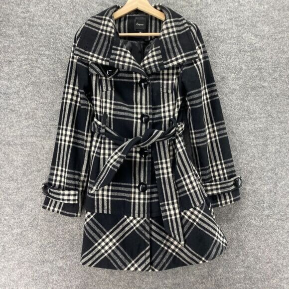 Express Coat Women XS Black Plaid Collared Belted Long Sleeve Wool Button Up - Picture 4 of 8